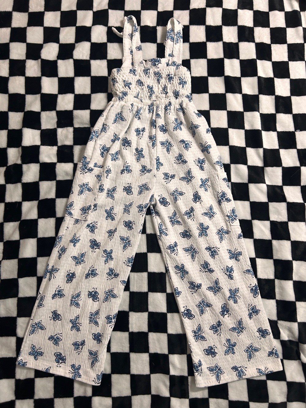 White Pants with Blue Butterfly Print